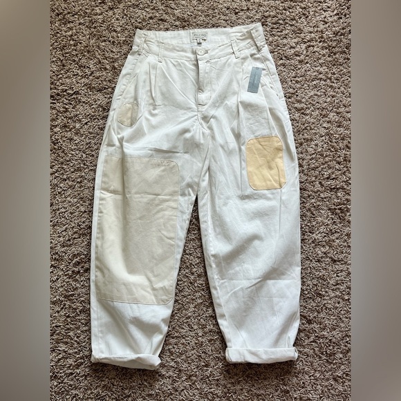 Anthropologie Pilcro Rolled Hem Utility Beige Patch Chinos Barrel Pants - Picture 8 of 13